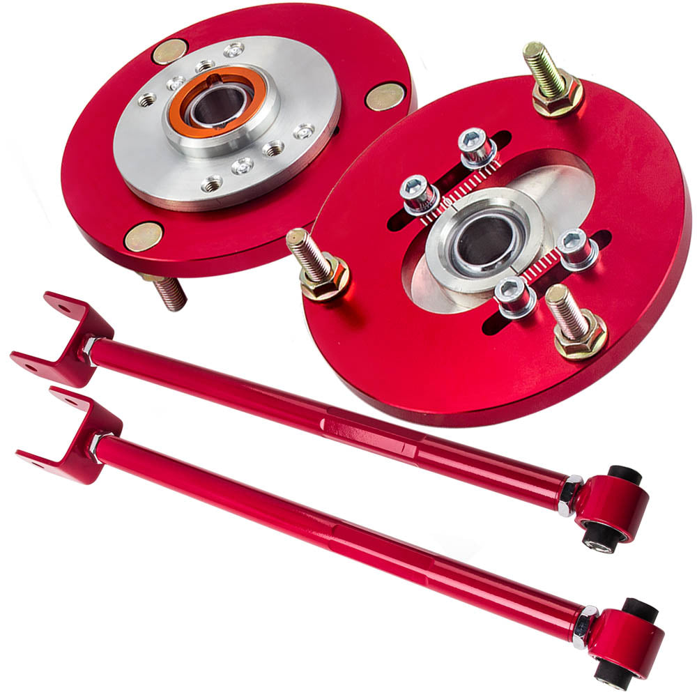 Compatible for BMW E36 Z4 X3 Adjustable Rear Camber Control Arms + Front Camber Plate Red