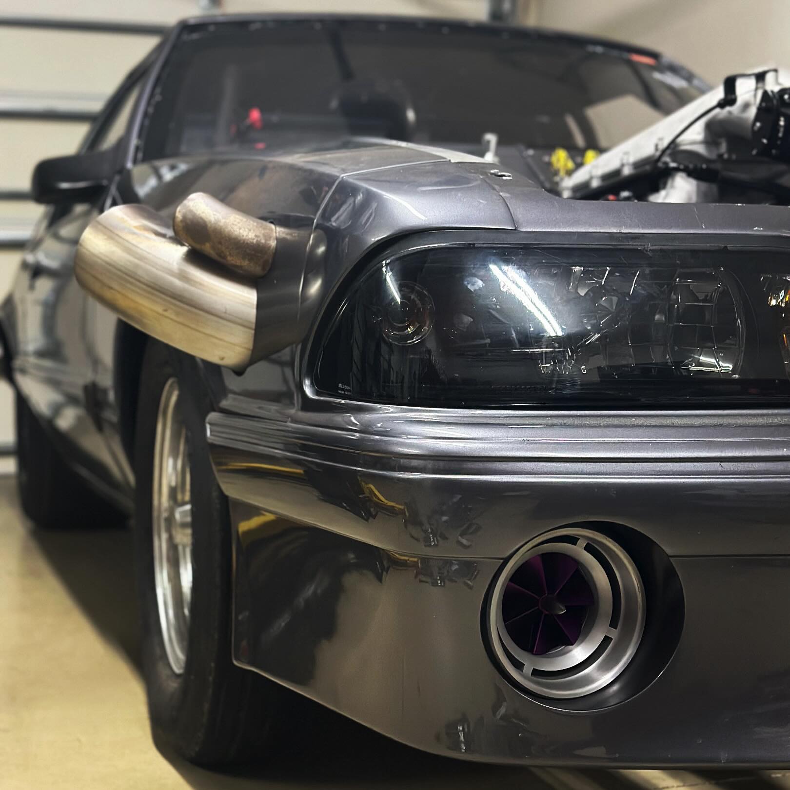 Foxbody front detail in the garage